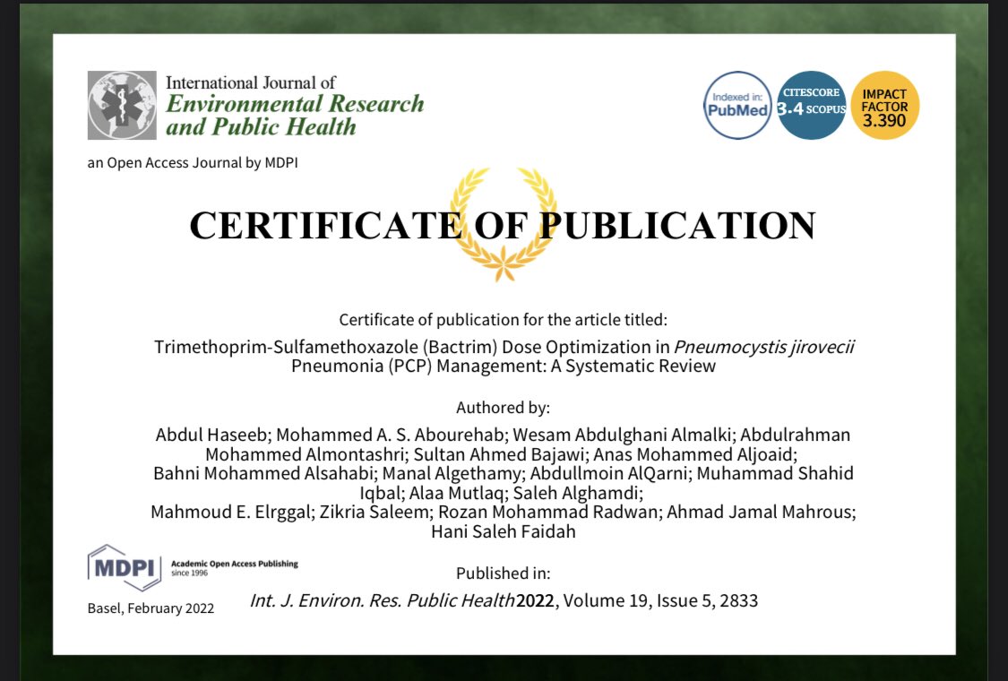 الحمدلله ، اليوم تم نشر اول بحث لي في international journal of environmental research and public health   

والشكر لله ،، ثم للدكتور عبدالحسيب <a href="/haseebpharm/">abdulhaseeb</a> 🤍✨ 
وشكرا للتيم الاكثر من رائع  <a href="/xAbdullrahman22/">عبدالرحمن</a> @iisultan_221 ✨🤍
 
للاطلاع وقراءة البحث 
mdpi.com/1660-4601/19/5…