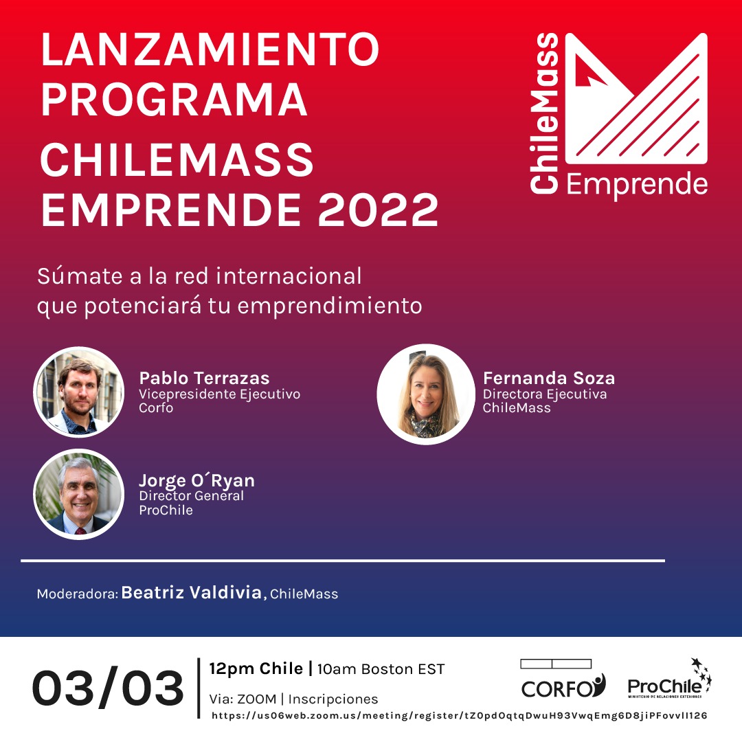 Jueves 03 de marzo, 12:00 hrs: ¡Todos invitados al lanzamiento de ChileMass Emprende 2022!
Este año, buscamos que más emprendedores puedan participar del programa que une a Chile con el ecosistema de innovación 💡de Boston. Súmate aquí ➡️bit.ly/36DI3Dk