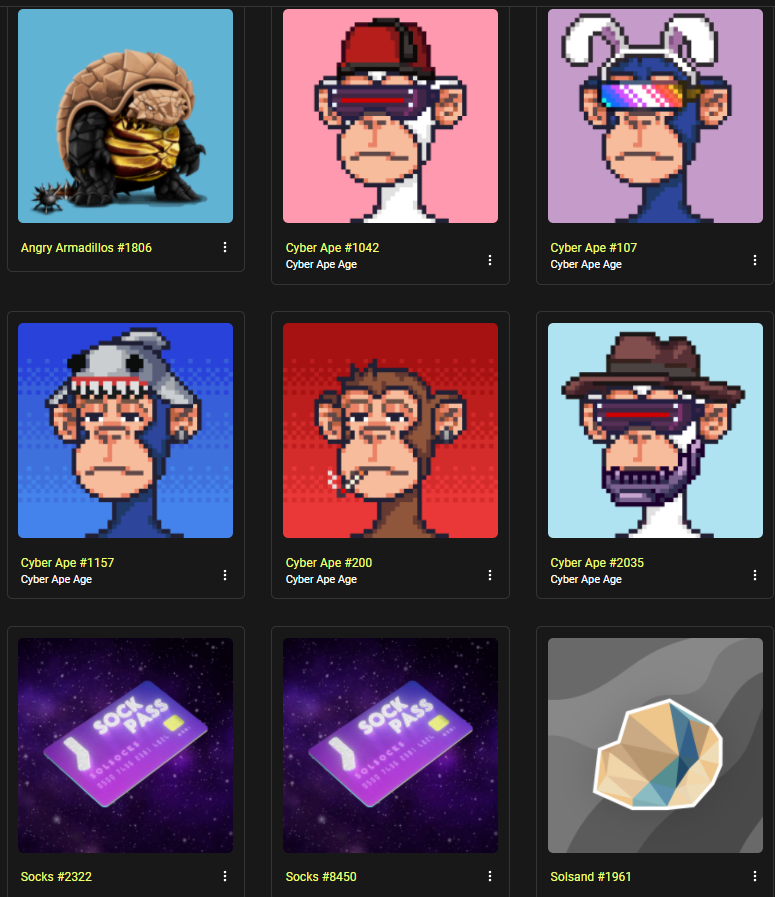 SweeperOzzy's tweet image. Here, I've listed my long term investmens on  #Solana  w/ only one sentence explanations.

1- @CyberApeAge x5 (best weekly income)
2- @SocksOnSolana x2 (nice NFT airdrops) 
3- @SolSand_io x1 (will become new @TheSandboxGame) 
4- @TheArmadillos x1 (best community ever)