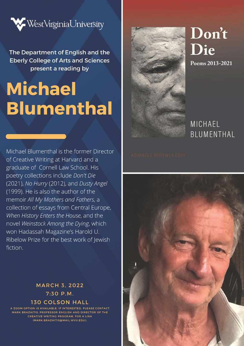 Michal Blumenthal Reading moved to 130 Colson Hall.