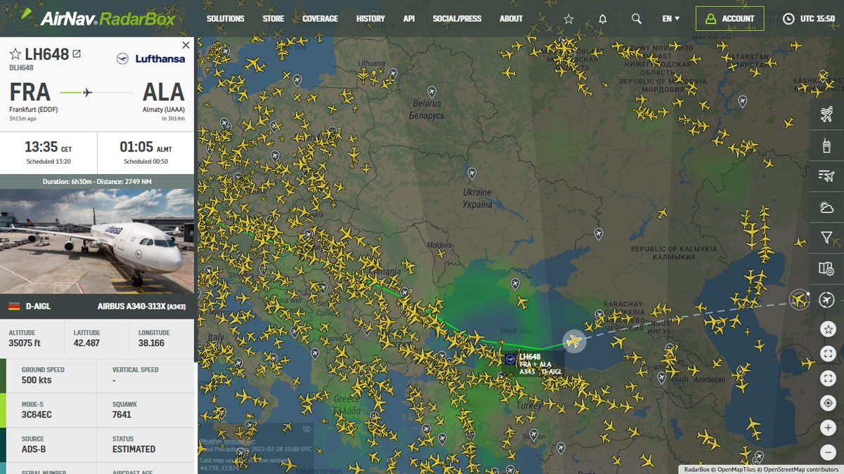 AirNavRadar's tweet photo. #LH648 from Frankfurt avoiding Ukrainian and Russian airspaces on its way to Almaty.✈️
Distance and duration:
2750 NM & 06h30m ℹ️
Track live:
https://t.co/lmAyUJlp6l📡
#UkraineRussiaWar #RadarBox #Aviation https://t.co/51L5xlMR5B