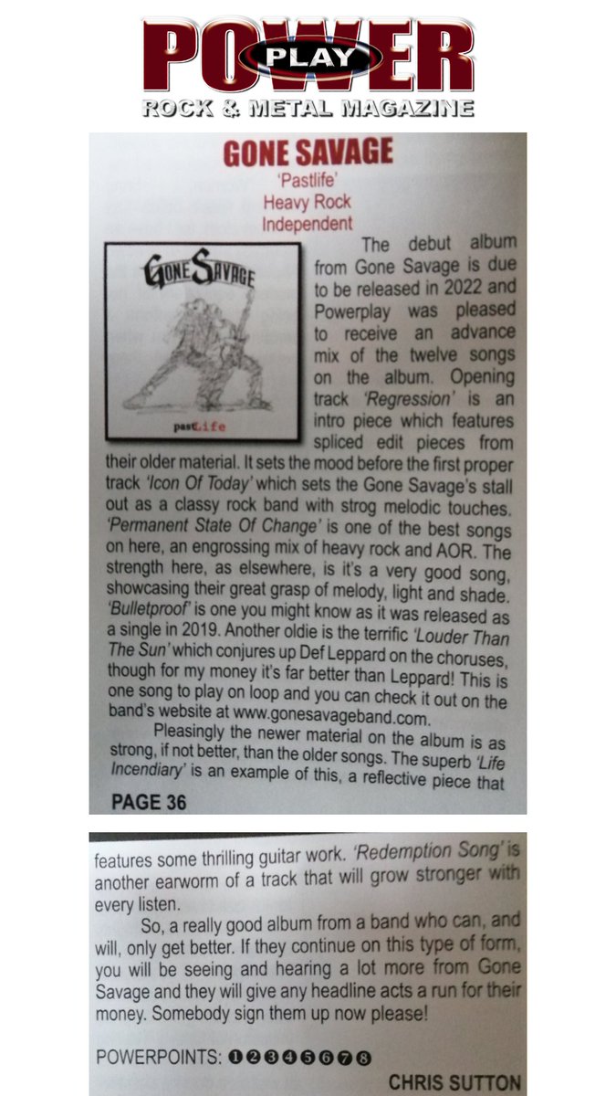 GoneSavageband's tweet photo. Check out our recent review in March’s edition of @Powerplaymag for our new album PastLife, by Chris Sutton. #music #songs #artist #musician #musicians #musicismylife #musicianlife #musiclove #musicartist #upcomingartist #unsigned  #nowplaying #musicvideo #song #newmusic https://t.co/3wJ1ernP6H