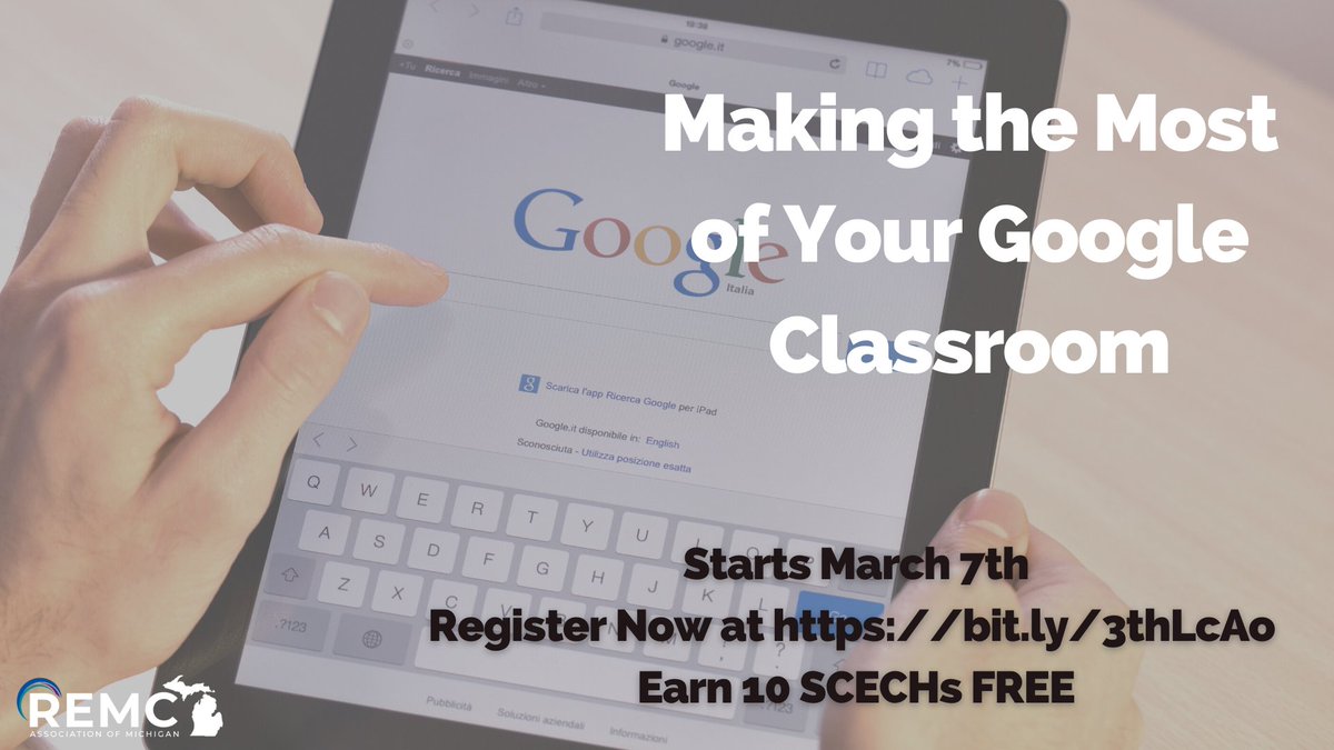 REMCAssociation's tweet photo. Learn the ins and outs of Google Classroom and ways you can integrate applications such as Geogebra, Discovery &amp; Flipgrid. Learn how to add and grade assignments, post daily warm ups, and add parent contacts. Register now, this course starts March 7th: https://t.co/ymKcwhsV0f https://t.co/XjuFRkJQha