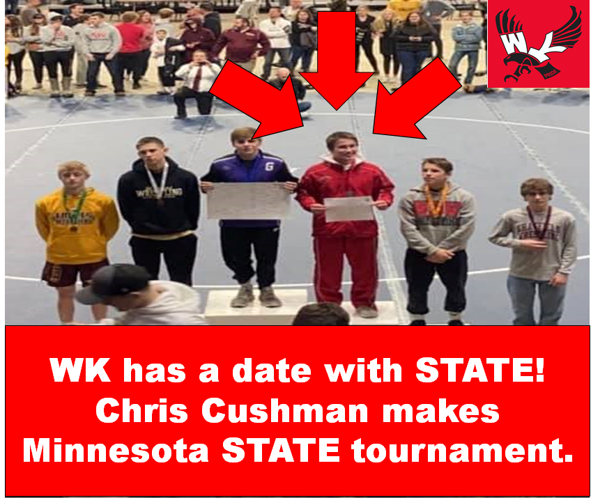 TimKlingbeil1's tweet photo. WK Wrestling is off to STATE! Chris Cushman nabs All-Conference and it now off to #MSHSLSTATE @MSHSL @bj50johnson1 @MSHSLjohn #falconway https://t.co/QYNskwMJMG