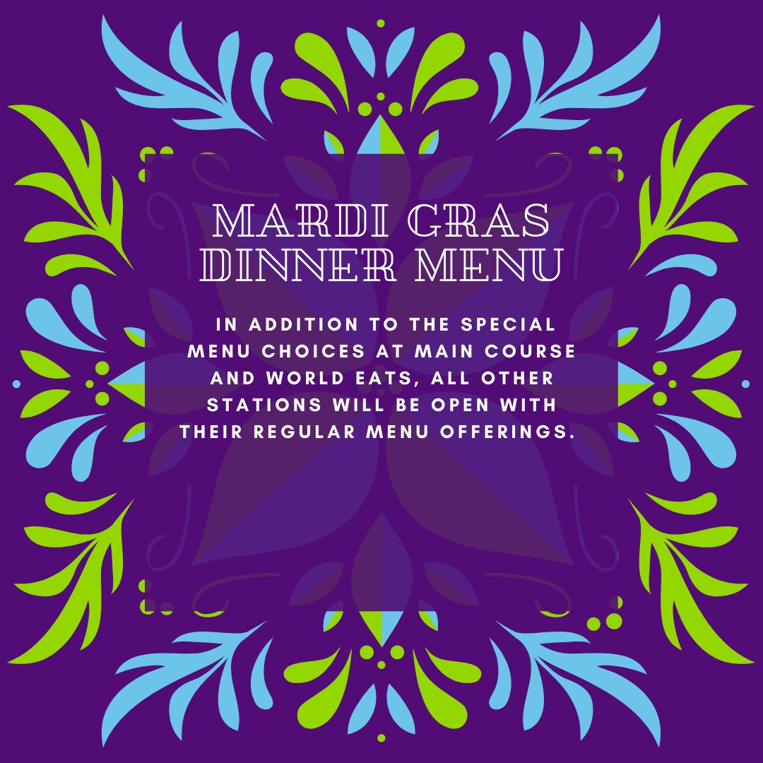 Don't forget tomorrow's Mardi Gras theme dinner at The View! It's a day of feasting and enjoying rich foods before the start of Lent. We have some tasty items on our special menu, like shrimp &amp; catfish po'boys, Carolina ribs &amp; vegan jambalaya. Details at link.stthomas.edu/theme-dinners