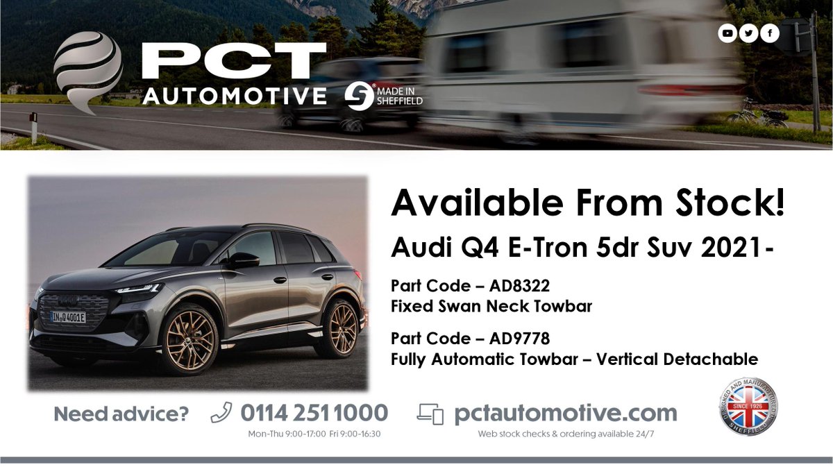 PCTAutomotive's tweet photo. Towbars and Dedicated Electrics Now Available For The New Audi Q4 E-Tron!

Full Product Details Can Be Found via The Links Below,
https://t.co/71fv8IMINk
https://t.co/AfJvJoYxLH

#Audi #ETron #Q4 #Towbars #Towing #TowingElectrics #MadeinSheffield #SteelCity https://t.co/gVjI7HzR7s