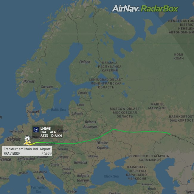 AirNavRadar's tweet photo. #LH648 from Frankfurt avoiding Ukrainian and Russian airspaces on its way to Almaty.✈️
Distance and duration:
2750 NM & 06h30m ℹ️
Track live:
https://t.co/lmAyUJlp6l📡
#UkraineRussiaWar #RadarBox #Aviation https://t.co/51L5xlMR5B