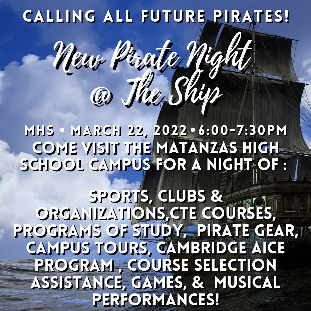 SAVE THE DATE!!! Calling all future Pirates!
<a href="/ITMSMUSTANGS/">ITMS MUSTANGS</a> <a href="/BTMSeagles/">Buddy Taylor Middle School</a> <a href="/FPCHS/">Flagler Palm Coast High School</a> <a href="/FlaglerSchools/">FlaglerSchools</a>