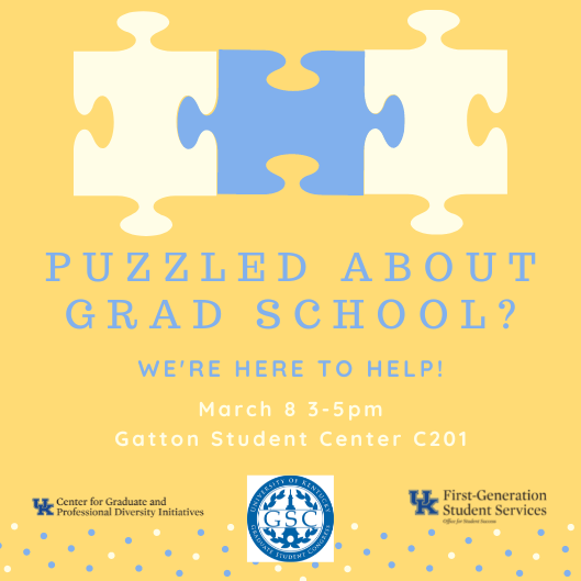 UKFirstGen's tweet photo. Thinking about going to grad school? Puzzled about the whole process? Not sure what to expect? We're here to help! Join us for puzzles and answers to all your grad school questions! #WildcatsFirst https://t.co/oShrIUpzeD
