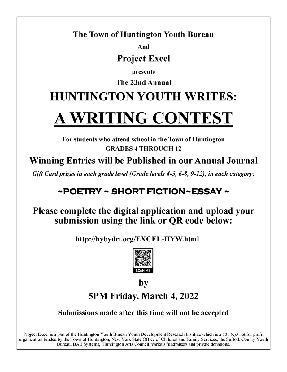 ProjectExcelHYB's tweet photo. Our Huntington Youth Writes contest entry period closes this Friday, March 4th at 5PM. Get those entries in! Open to youth grades 4-12 attending school in the Town of Huntington! Enter here: https://t.co/1wGvb0KPbG https://t.co/ZLj3MtqIFU
