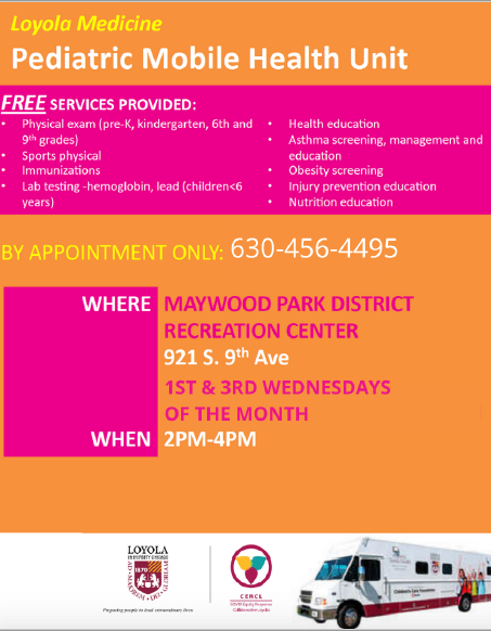 CERCLoyola's tweet photo. 💙FREE Pediatric Care with @CERCLoyola and @LoyolaHealth on Wednesday, March 2nd, at the @Maywoodparkdist Recreation Center from 2-4PM.
💙Services are provided by appointment only. Call us now at 630-456-4495 to reserve a spot!
#CERCL #pediatriccare https://t.co/uA6dyuxsK1