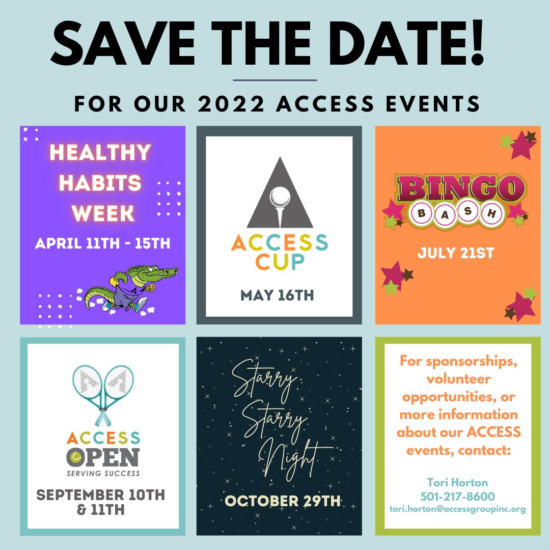 Mark your calendars to join us at our annual events! Whether you are a business or corporation, or an individual or family looking to help ACCESS serve its mission, our menu of events for the upcoming year offers opportunities to get involved. 
ow.ly/pgeu50I4J5g