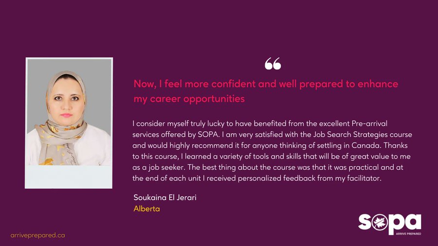 SOPA program creates a continuum of employment and settlement services from pre-arrival to the destined communities in Canada. Approved to immigrate to Canada? Join SOPA today to benefit from our courses and resources.  arriveprepared.ca
#SOPAAB #ClientFeedback