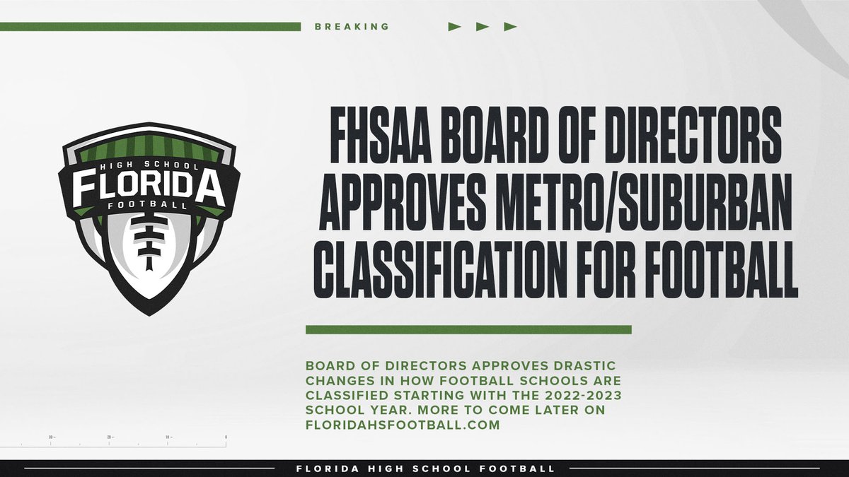 FlaHSFootball's tweet photo. #BREAKING: The @FHSAA Board of Directors has voted 9-7 to approve the Metro/Suburban Classification plan for football starting with the 2022-2023 season. More to come later on https://t.co/yAjFaK3mZa. #flhsfb @FACACoach @FHS7v7A @HSFBamerica @JonSantucci https://t.co/1AfMFMh0g1