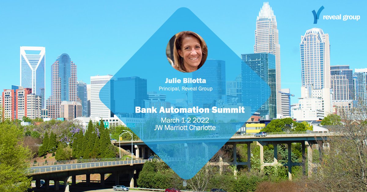 GroupReveal's tweet image. Our Principal, Julie Bilotta will be attending the 2022 Bank Automation Summit, ready to answer all your questions on how your organization can #AutomateBetter.

#banking #fintech #finance #BFSI #bankingtechnology #innovation #financialservices 
hubs.li/Q014Ln9G0