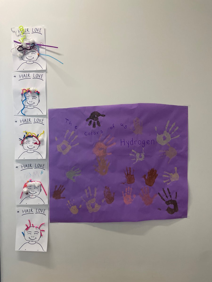 To honor #BlackHistoryMonth, #EarlyLearning students have been celebrating diversity and practicing inclusion. They watched the Oscar-winning short film, "Hair Love," created hair portraits, &amp; displayed them by their handprints-of-all-colors class mural.