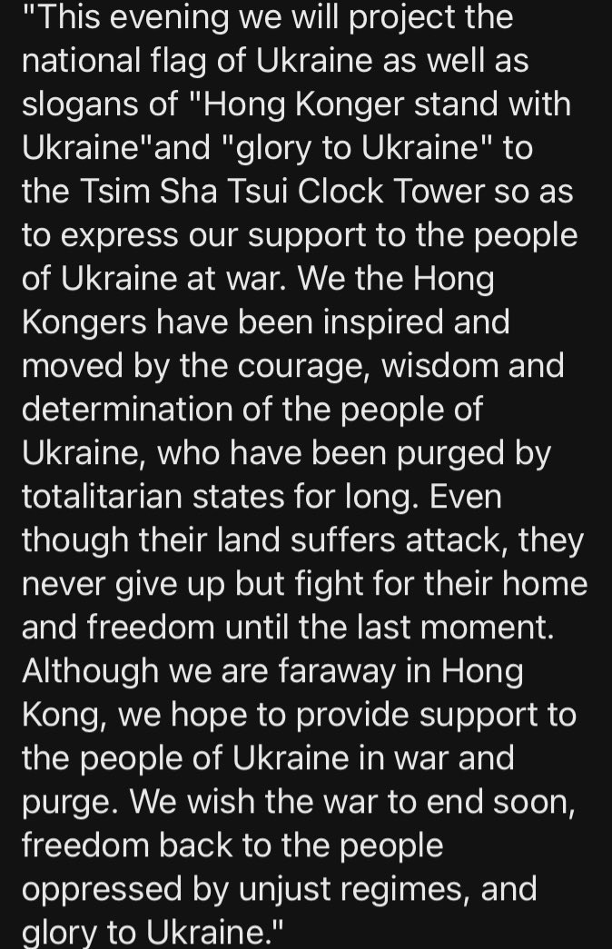 JessiePang0125's tweet photo. Their message to the people of Ukraine 🇺🇦 : 
“Although we are faraway in Hong Kong, we hope to provide support to the people of Ukraine in war and purge. We wish the war to end soon, freedom back to the people oppressed by unjust regimes, and glory to Ukraine." https://t.co/4zAumJS3nu