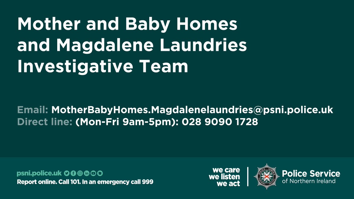 PoliceServiceNI's tweet photo. A total of 29 reports involving Mother and Baby Homes and Magdalene Laundries have been made to Police. If you were the victim of, or witness to abuse in these institutions or know somebody who was, please contact us via the details below. 
Read more: https://t.co/TYoCaMcOUl https://t.co/VThjjvrJjH