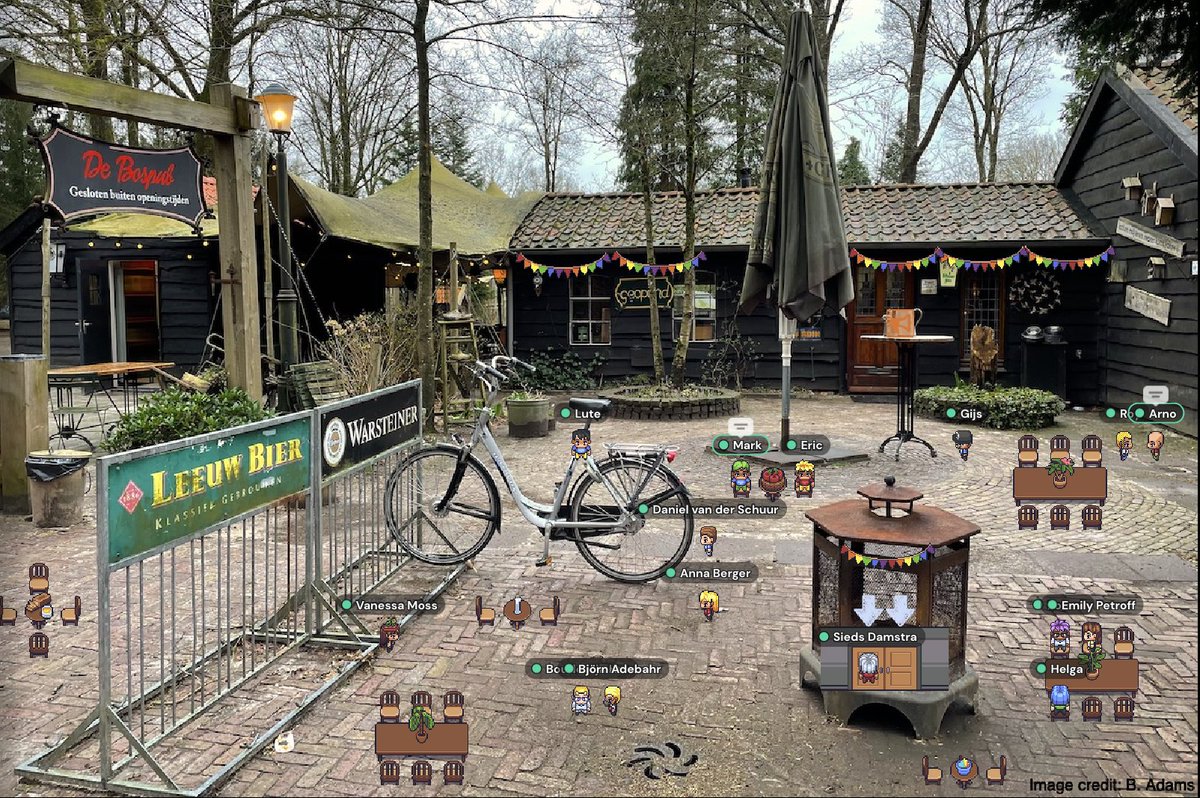 cosmicpudding's tweet photo. Nice to hang out with the @ASTRON_NL #apertif crowd today to toast to the start of the final calibration run 🥂 Great event coordinated by @betseeeey (I built the @gather_town 😊) - complete with a hang out at the Bospub! Now if only I had some spek/kaas pannekoek right now... 🤔 https://t.co/3FdGVIfCMk