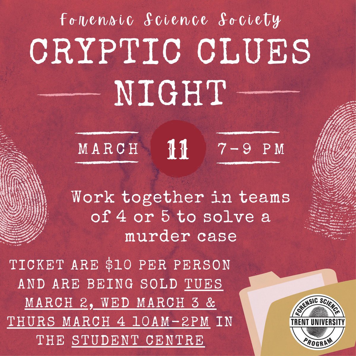 trentfss's tweet photo. Hey FSS! Are you looking for a fun activity to do with your Friends? We will be hosting a Cryptic Clues Night on March 11th! Tickets are 10$ and will be sold in the Student Centre starting tomorrow!! And running until Thursday!! https://t.co/SRKiphxZol