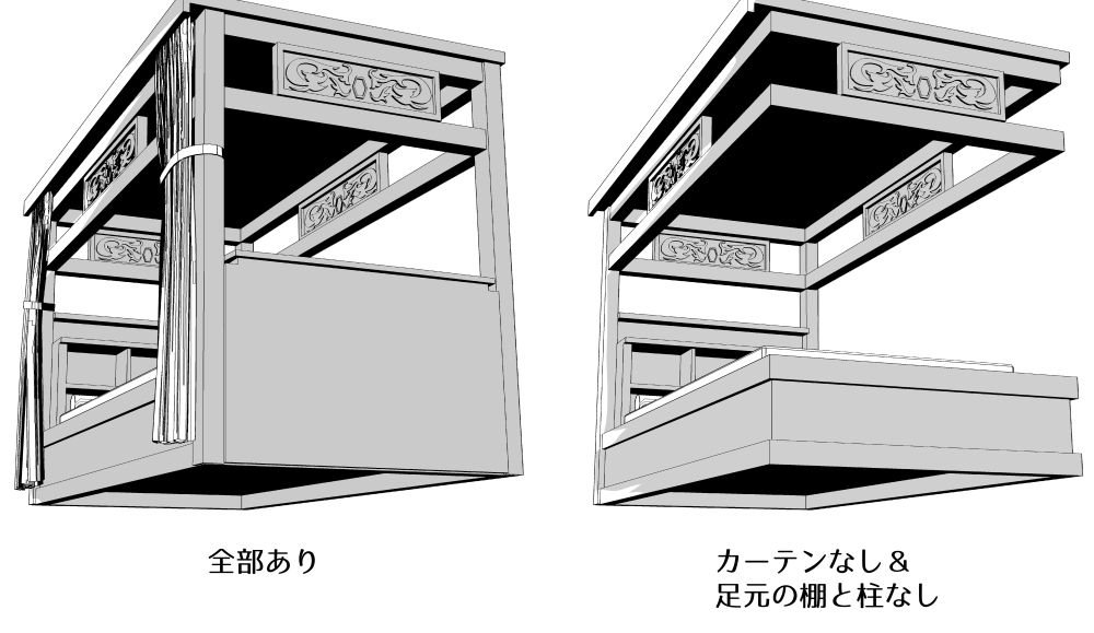 【追加】師尊のベッド単体を追加しました。
各パーツごとに表示のオンオフが出来るようになっています。(2枚めはパーツ分けの説明です)
リスト限定の配布のページよりアドレスとDLキーをご確認ください。