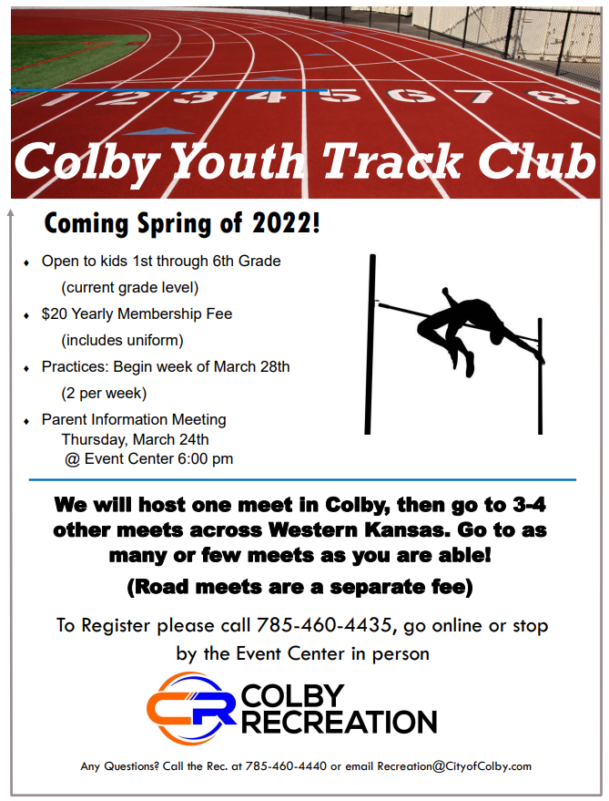 Colby Recreation will be starting a Youth Track Club this Spring/Summer! Registration is now open for this season for those currently in grades 1st - 6th. Your yearly $20 membership fee includes a uniform and entry to all home practices and our home meet!