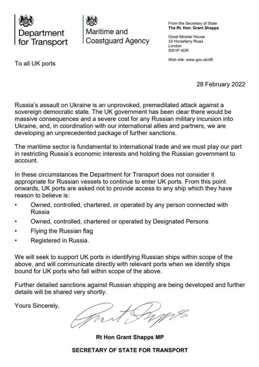 [ 🇬🇧 ROYAUME-UNI ]

🔸Interdiction aux navires russes d'accoster dans les ports britanniques.