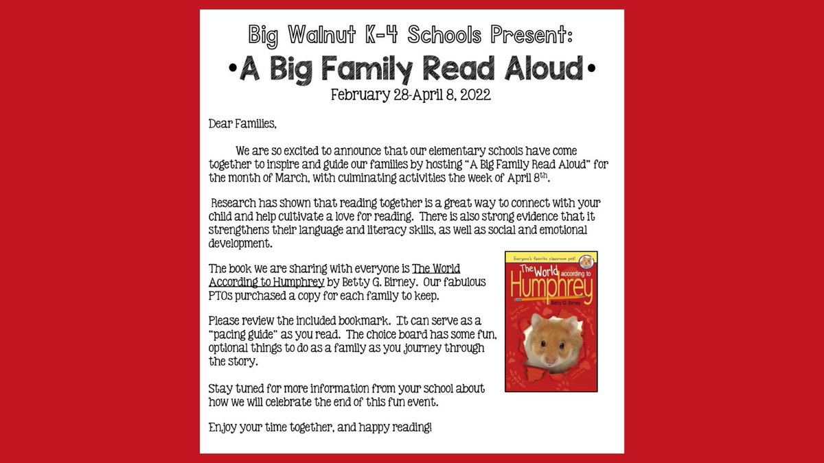 Today starts our Big Family Read Aloud! All Big Walnut elementary families, check out the book your child brought home on Friday; inside is a bookmark and reading calendar. Our Eagles can tell you all about it: youtube.com/watch?v=Oh-Fmu… #InspireAndGuide
