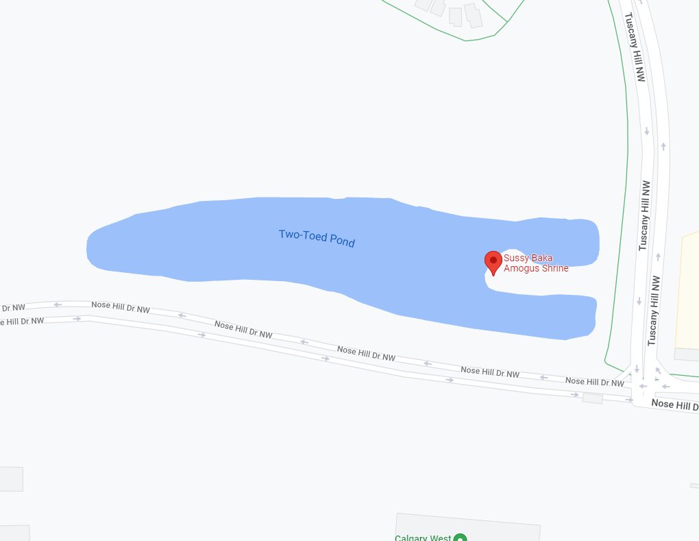 Michael Rodriguez on X: Looking around NW #YYC on Google maps looks  like somebody has installed the Sussy Baka Amogus Shrine at an  unfortunately-shaped lake in Tuscany. Spot the reference:   /