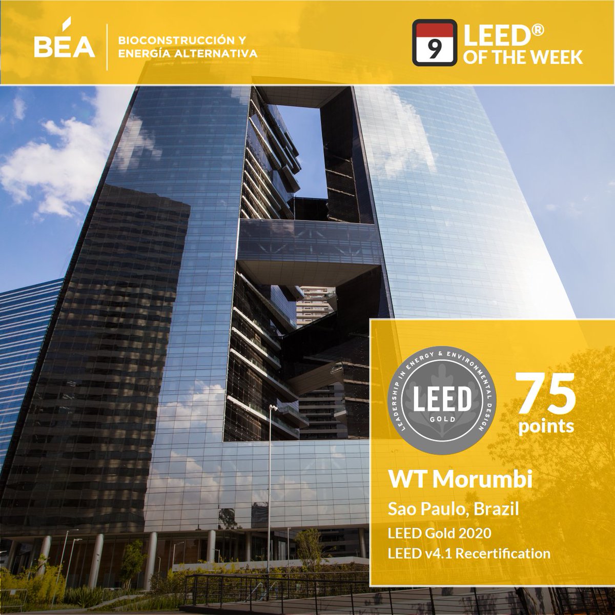 BEA_LEED's tweet photo. El día de hoy le otorgamos el #LEEDoftheWeek al edificio WT Morumbi, ubicado en São Paulo, Brasil.🇧🇷
Este proyecto logró la rectificación en 2020 y así pasando de nivel Plata a nivel Oro con 75 puntos. Esta torre es una prueba de que siempre se puede seguir mejorando. https://t.co/8dhLH6ab87