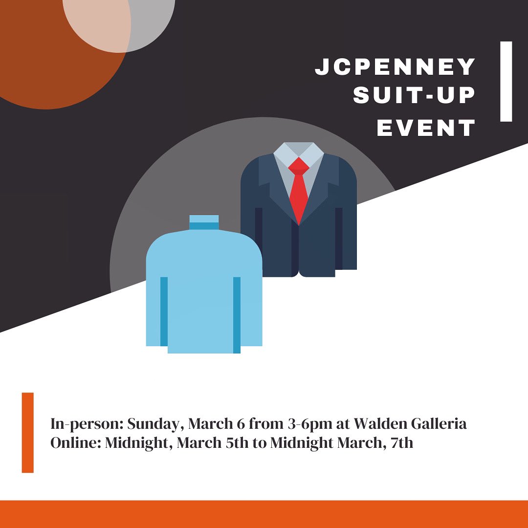 The CDC is sponsoring the annual JCPenney Suit-Up Event this year! There will be both in-person and online events where JCPenney will be offering up to 60% off apparel to Buffalo State students and alumni. Advance student registration is required, visit cdc.buffalostate.edu/content/studen….