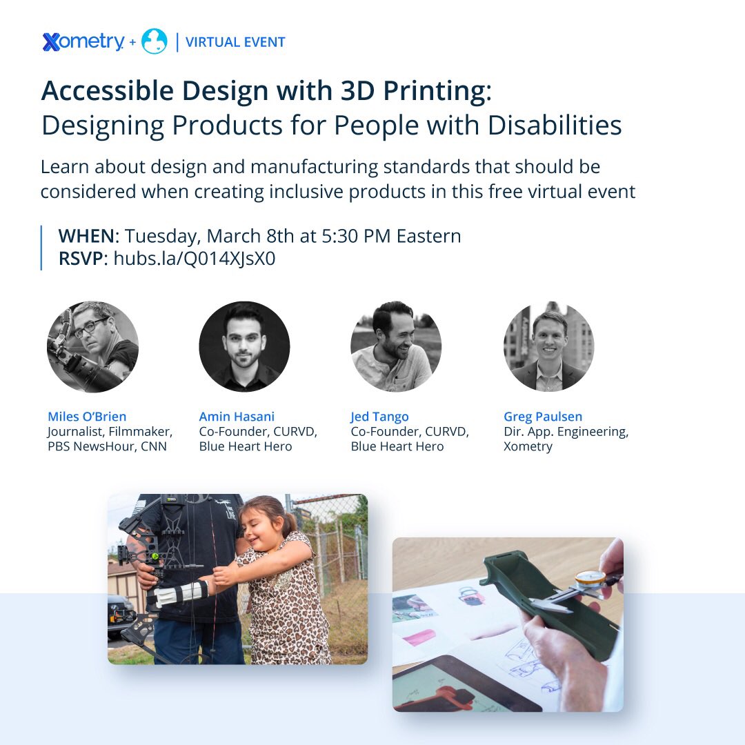 Bluehearthero's tweet photo. Our webinar co-hosted with @Xometry and the special guest @milesobrien to discuss Accessible Design with 3D printing. Sign up at the link below: 

https://t.co/FuVwmlY6Pb

#3dprinting #webinar #tech #adaptive #design https://t.co/9XgSAZOEJ9