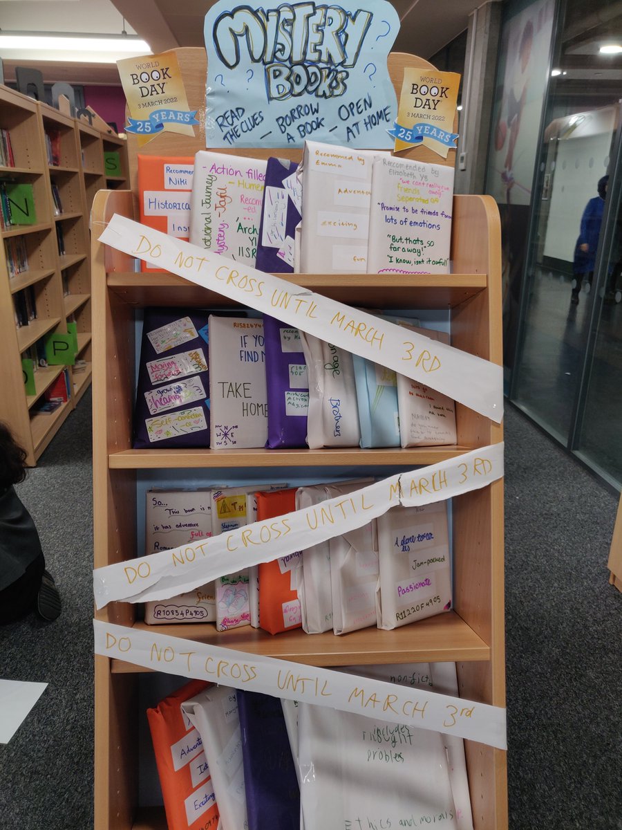 Students have been so excited to see our mystery books filling up the library display. Read the clues, borrow a book and open it at home! The only hard part is waiting until Thursday ... #worldbookday2022