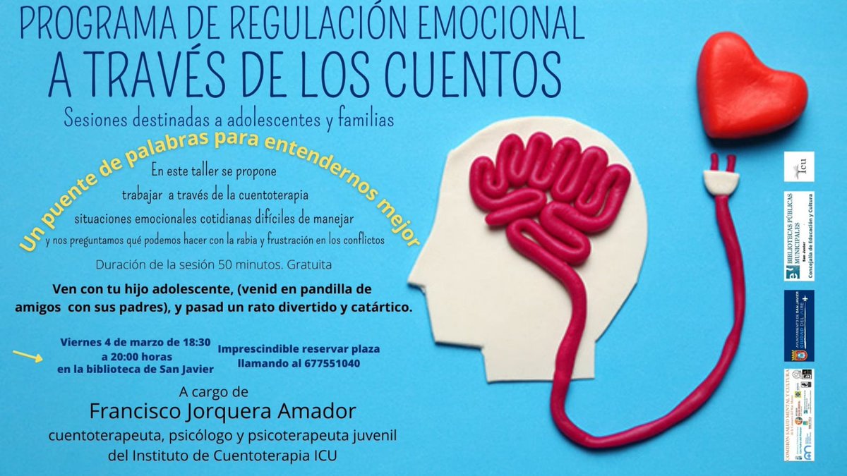 📣 Desde la Comisión de Salud Mental y Cultura, se va a realizar una sesión de cuentoterapia para regular las emociones en adolescentes, especialmente la rabia y la frustración.
📍 VIERNES 4 DE MARZO A LAS 18:30H EN LA BIBLIOTECA DE SAN JAVIER.