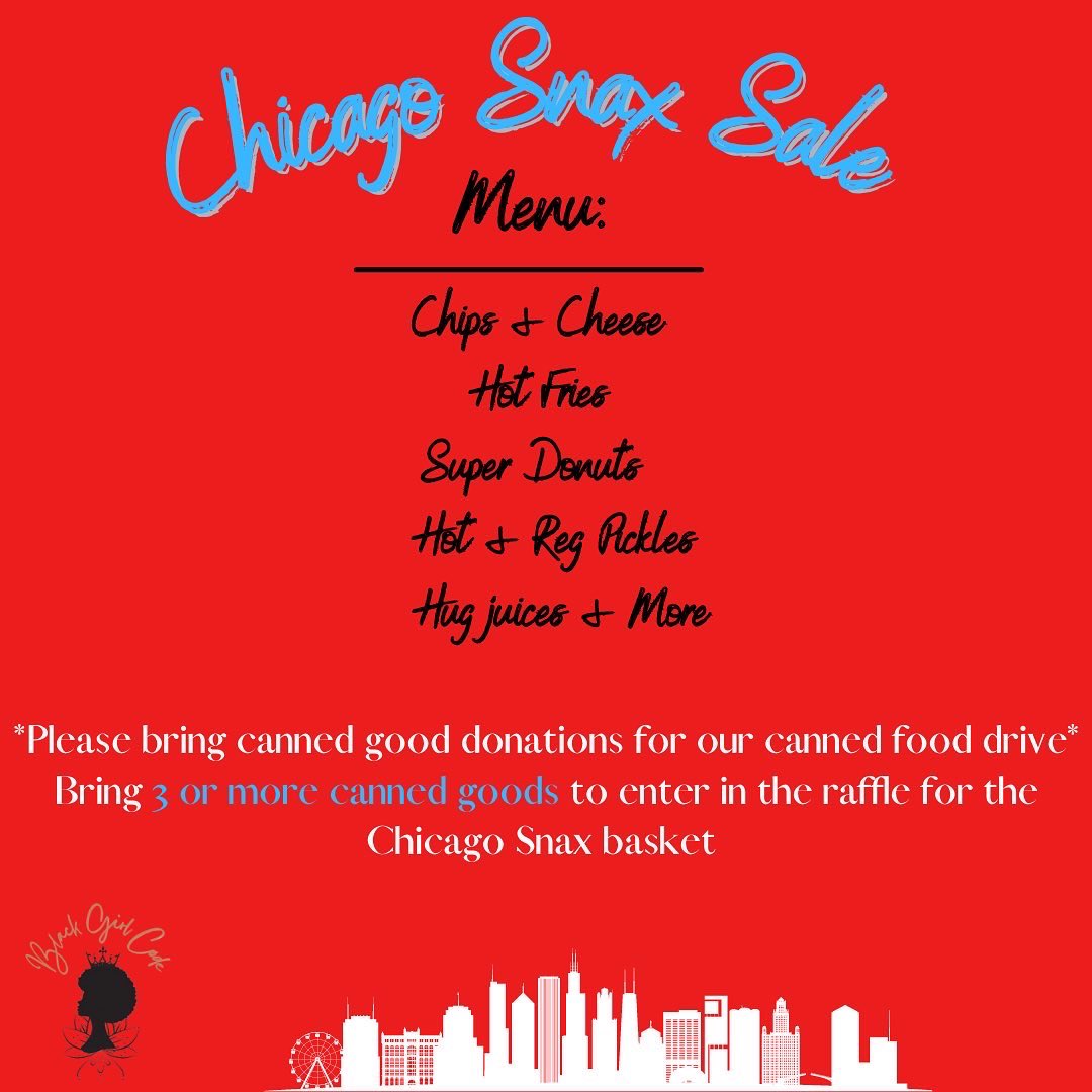 We are excited to announce our BGC Chicago Snax Sale!! 

~Please bring as many canned goods as you can!!  ~

~Bring 3 or more cans to enter into our raffle for the Chicago Snax basket!!! ~

~Details on the Chicago Snax Basket will be posted later this week. ~