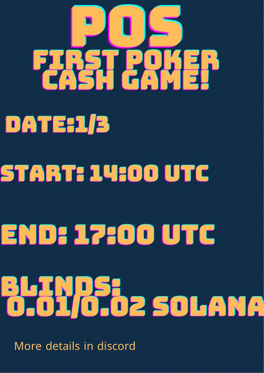 PokerOnSolana's tweet photo. 🃏First Poker x NFT Community🃏
We will hold the first poker event on 14:00 UTC  (1st Mar)
Blinds: 0.01/0.02 Solana
All rewards will be distributed through blockchain after finishing the game
Feel free to join us!
Players who join will get OG and whitelist https://t.co/Ze2PeV1HB0