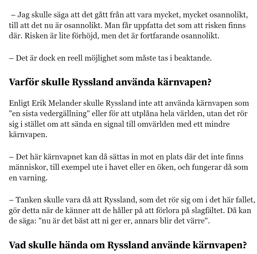 melander_erik's tweet photo. Många bra uttalanden om kärnvapenhotet nu. Mina personliga uppfattningar nedan.
Nu är fokus förstås aggressionen. Oavsett utfallet behövs nog nya försök med #nedrustning (tex INF) & förtroendeskapande senare.
@AlvamyrdalCNTR
#kärnvapen #putin #ukraina
https://t.co/eQNtO2zXyI https://t.co/cDsF2mRA0L