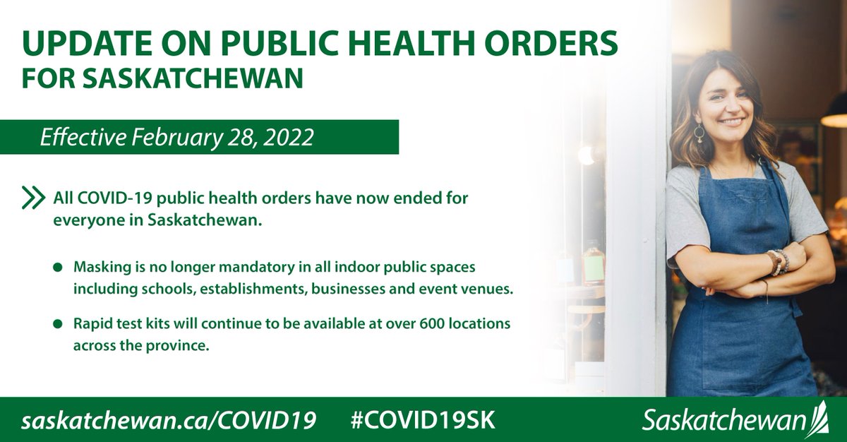 SKGov's tweet photo. Effective today, Monday, February 28, all COVID-19 public health orders in Saskatchewan have ended.
 
For information on living with COVID-19, including rapid test kit locations, visit https://t.co/rPtJT6xUrt https://t.co/GJD5YL7Wli