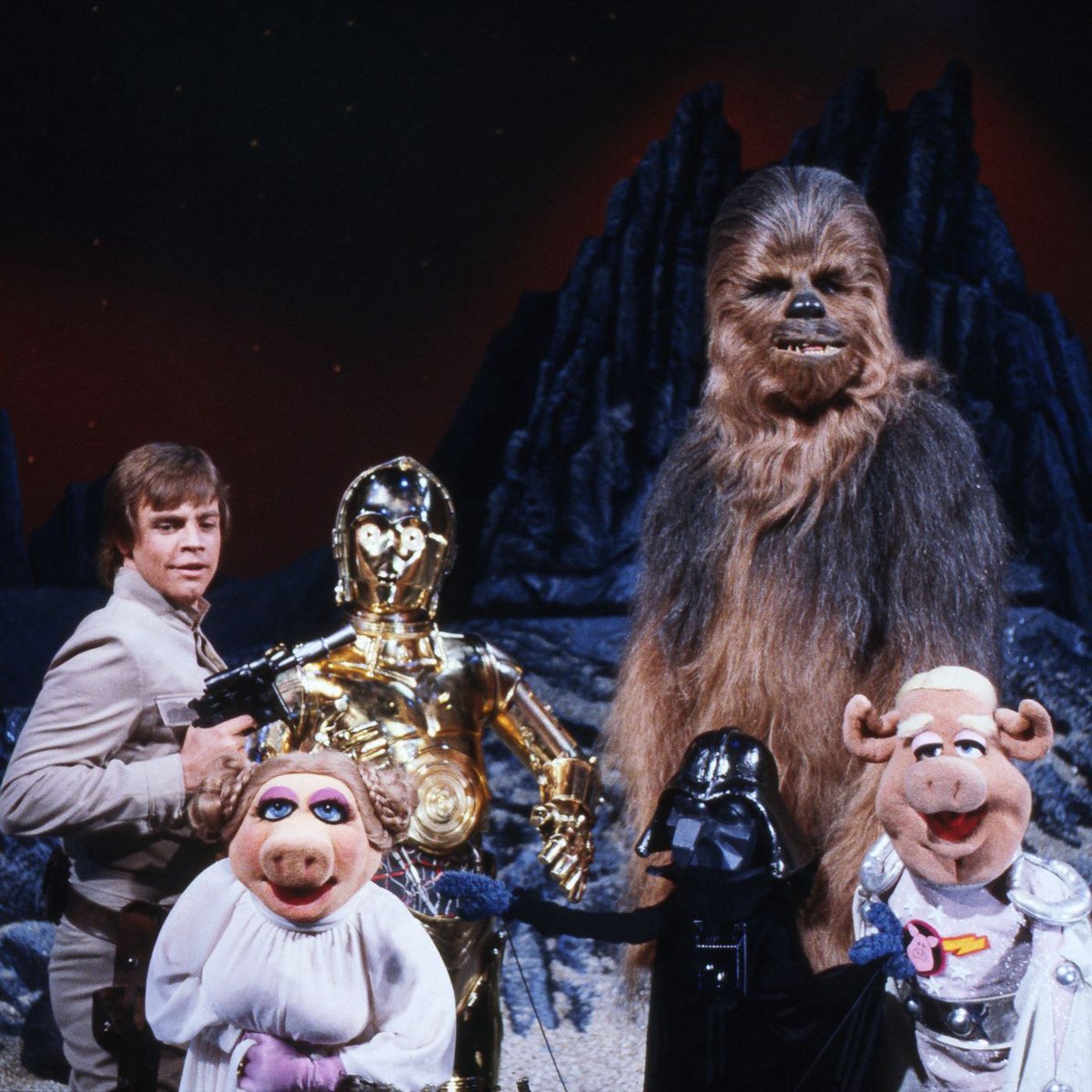 Mark Hamill as Luke Skywalker, Anthony Daniels as C-3PO, and Peter Mayhew as Chewbacca on The Muppet Show, season 4, episode 17, broadcast February 29, 1980. https://t.co/1XBvX7Lci1