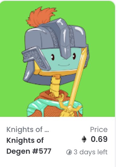QC1124's tweet photo. The @knightsofdegen deal of the day is this beautiful gold sword robo on Opensea for .69 (2nd lowest robot). Gold robot is not a tracked trait but is fire and there are rumblings of potential future merch for the GRG. This guy should not last the day without finding a new home. https://t.co/dNjvyRT3AJ