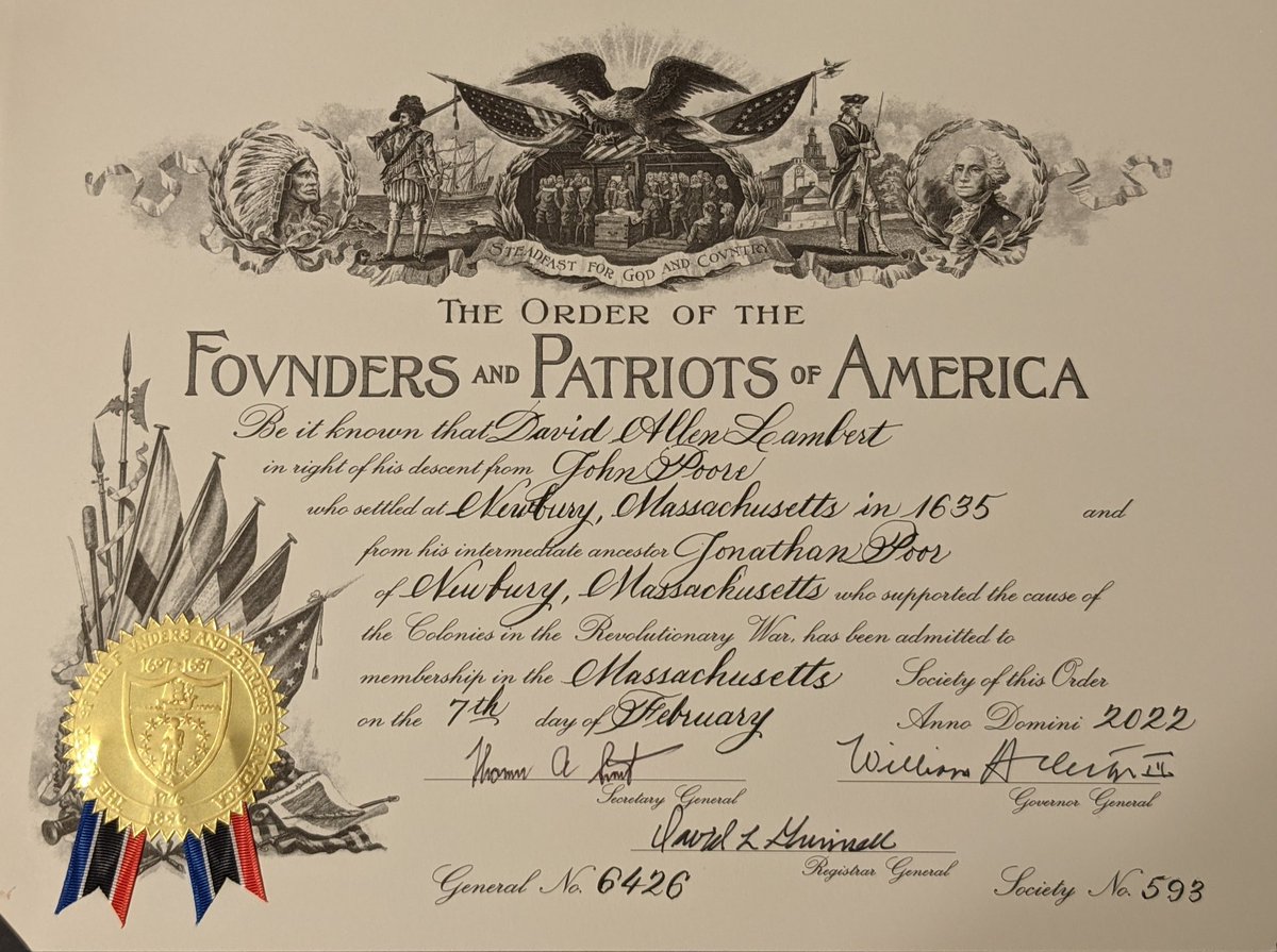 DLGenealogist's tweet photo. My @USPS mailman delivered my membership certificate from The Order of the Founders and Patriots of America #OFPA - very honored to become a member in Massachusetts #Genealogy https://t.co/cemdzF6T2L