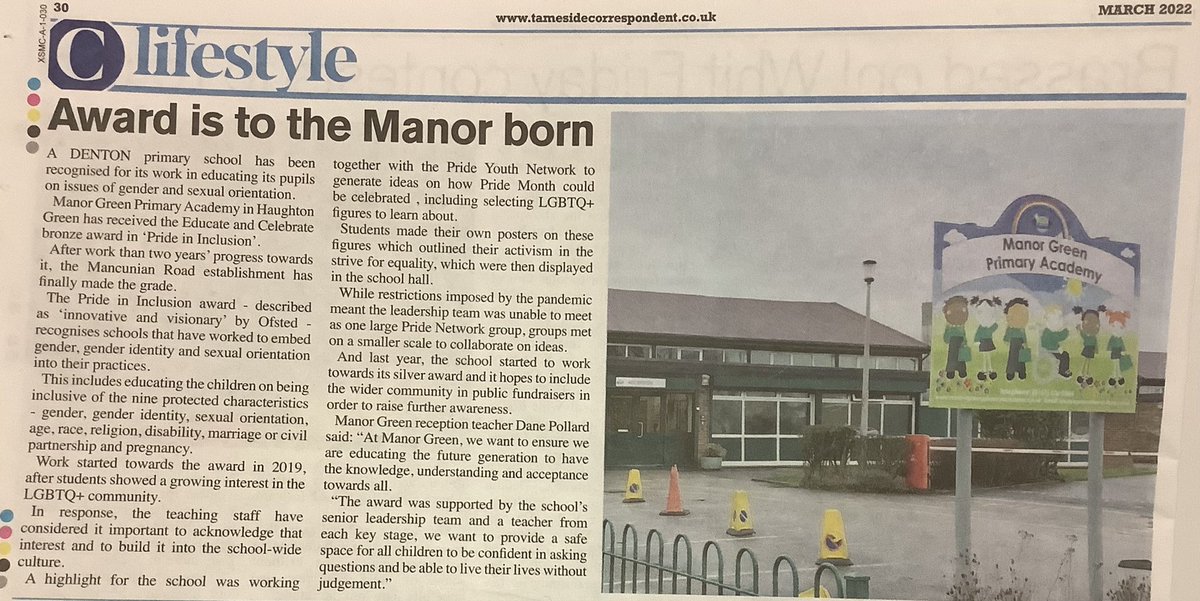 Thank you for the article <a href="/TamesideCorr/">Tameside Correspondent</a>! We are proud to be a @EducateCelebrat ‘Pride In Inclusion’ bronze awarded school at <a href="/TeamManorGreen/">Manor Green Primary #ReadyRespectfulSafe</a>. We’re continually working hard to achieve our silver award! #DiversityandInclusion #PRIDE