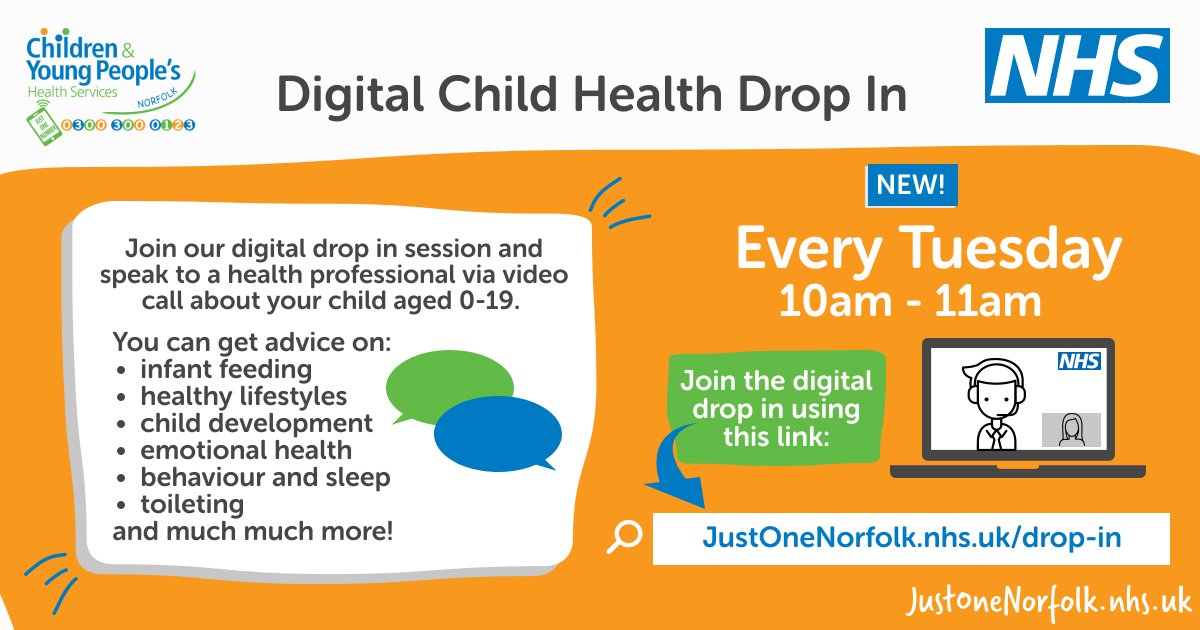 ECFSNorfolk's tweet photo. Don't forget @NorfolkCYP Online Child Health Drop in every Tuesday 10am-11am. A chance for families in Norfolk with children 0-19 years to speak one-to-one with a clinician about any health or development concerns. Use the joining link https://t.co/BTph1RhjNi
#J1N #PJFAL https://t.co/JCaVeZ4lXs