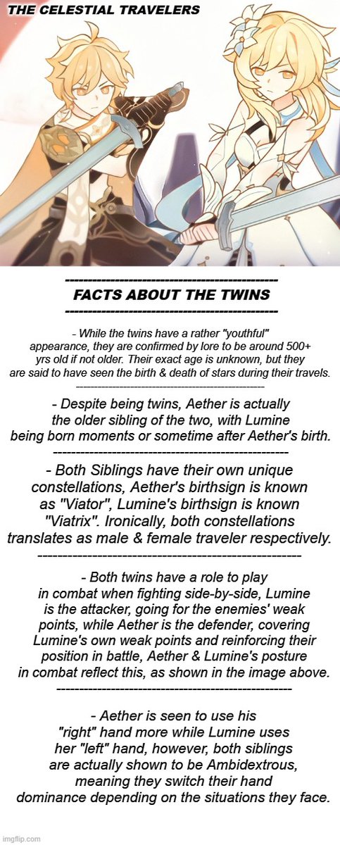 Gravewalker21's tweet photo. Some Facts about the popular Celestial Star Travelers of Teyvat.
#genshinimpact #Aether #Lumine https://t.co/maRviLLngM