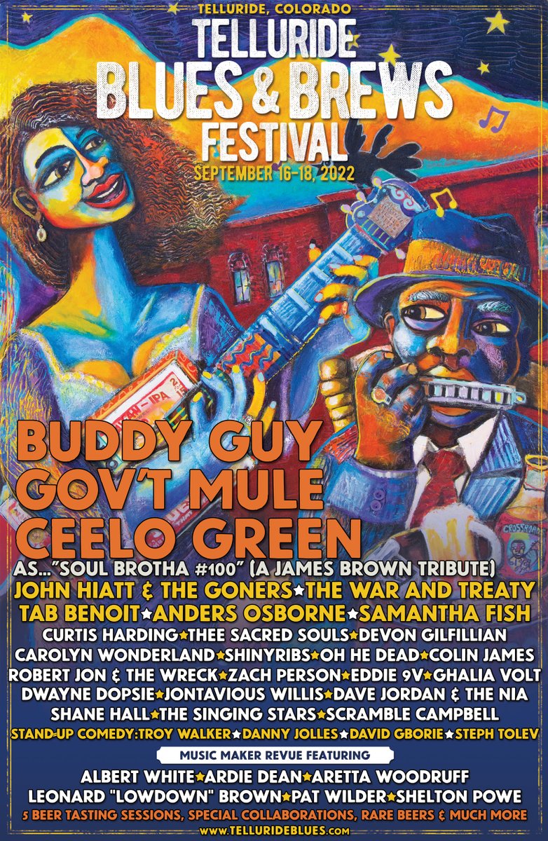 Introducing the 2022 Telluride Blues &amp; Brews Festival lineup! Join us on September 16-18 for performances from <a href="/TheRealBuddyGuy/">Buddy Guy</a>, <a href="/govtmuleband/">Gov't Mule</a>, <a href="/CeeLoGreen/">CeeLo Green</a> As…“Soul Brotha #100" (A James Brown Tribute) and many more. Tickets go on sale tomorrow at 10 am. tellurideblues.com