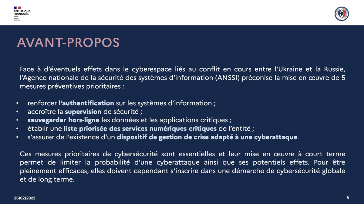 tehtris's tweet photo. #Ukraine @ANSSI_FR invite entreprises & administrations à :
🛡suivre les alertes et avis sécu @CERT_FR
🛡appliquer les mesures prioritaires fournies
dont..l'ACCÉLÉRATION DES DÉPLOIEMENTS D'OUTILS DONNANT DE LA VISIBILITÉ SUR L'ÉTAT DE SÉCURITÉ DES SI (#EDR, #XDR) page 5
1/4 https://t.co/CUgllMeTkN