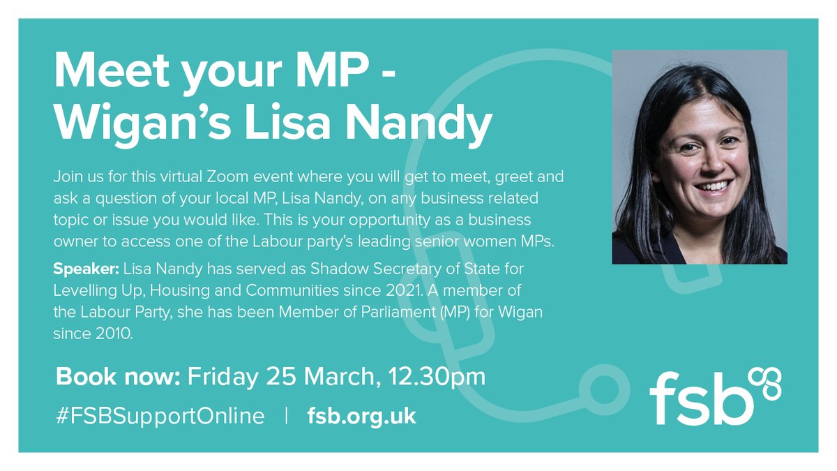 DATE CHANGE: If you're a business based in #Wigan and you'd like to raise an issue or ask a question of your local MP, Lisa Nandy - also Shadow Levelling Up Minister - <a href="/FSBManchester/">Robert Downes</a>  have a virtual event with Lisa on March 25th: fsb.org.uk/event-calendar… 
<a href="/lisanandy/">Lisa Nandy MP</a> <a href="/WiganCouncil/">Wigan Council</a>