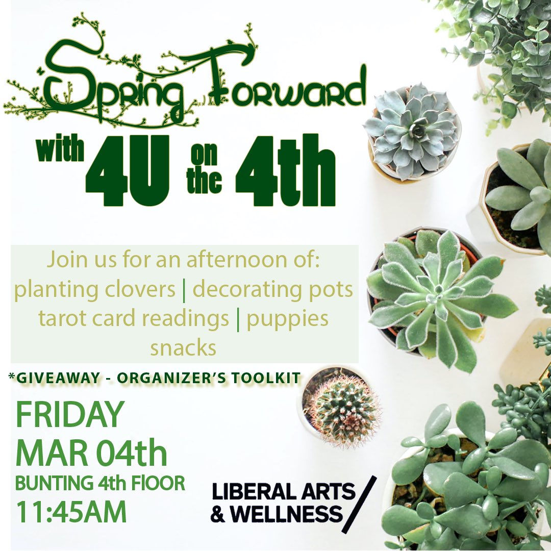 MICAHumanists's tweet photo. A week of slightly warmer weather ending with our SPRING FORWARD #4uonthe4th for March! Join us for a chance to win our giveaway of an Organizer’s Toolkit. 
🍀
#destresswithdogs 
🍀
#tarot
🍀
#communitybuilding 
🍀
#plants
🍀
#calmingroom 
🍀
#snacks
🍀 https://t.co/fgIBAQ5Ggd