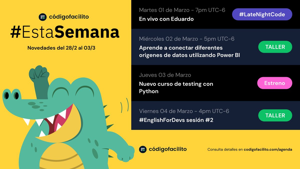 codigofacilito's tweet photo. Esta semana tenemos nuevo contenido de ciencia de datos, Python, #EnglishForDevs y más. ¡No te lo pierdas!
https://t.co/t5W0D4gUxu

* En esta imagen las fechas ya aparecen corregidas https://t.co/Tq0pmr5SLe