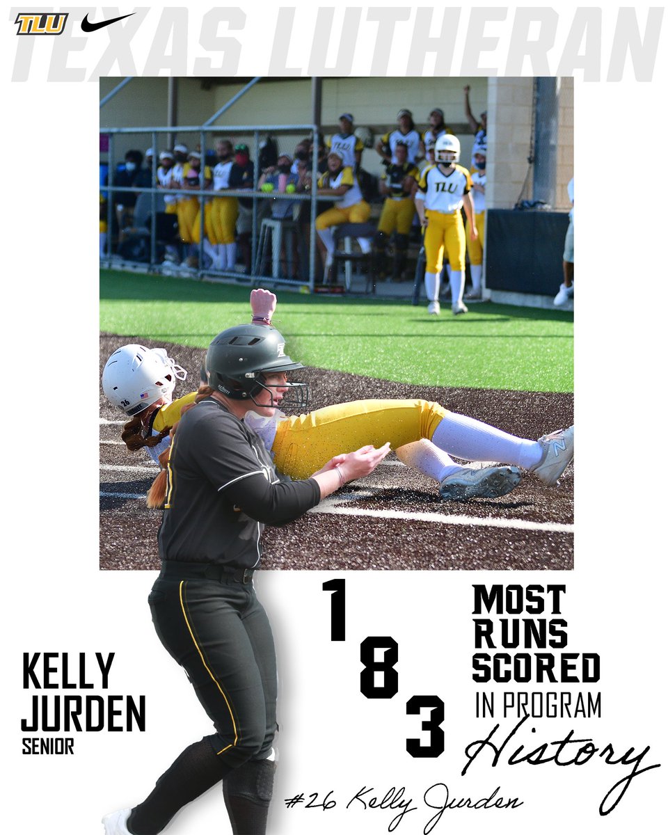 ICYMI: 
🚨A NEW SCHOOL RECORD 🚨

Kelly Jurden is now the all-time leading run scorer in Texas Lutheran Softball history scoring her record breaking 183rd run against Babson on Friday!!

#TooLiveU | #PupsUp